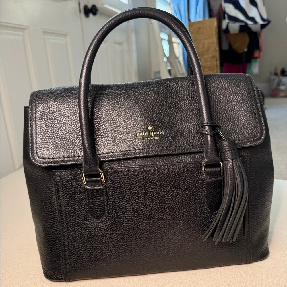 Kate Spade Black Pebbled Leather Satchel Tassel Top Handle Purse